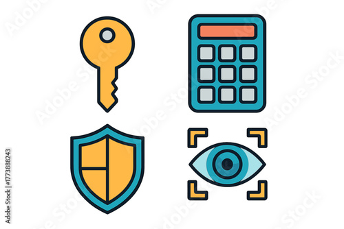 Essential digital security symbols including key, shield, keypad, and biometric eye scan