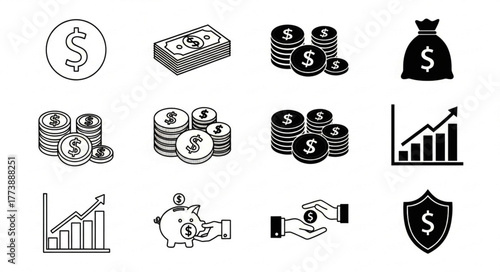 ai generative Black flat vector icons of money, coin, and investment, outline and solid versions, simple and modern style, isolated on white background