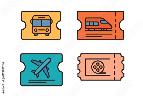 Colorful admission tickets collection for travel, transport, and entertainment including bus, train, airplane, and cinema