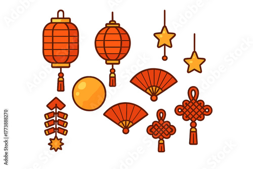 Traditional Chinese lanterns, decorative knots, folding fans, and firecrackers collection