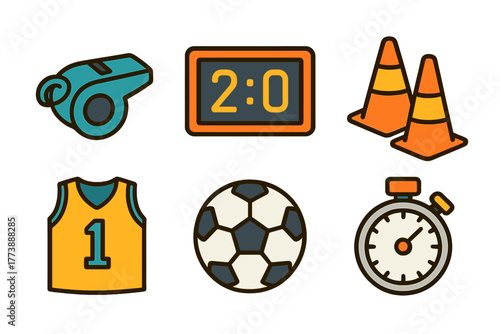 Collection of sports game equipment: whistle, scoreboard, soccer ball, jersey, stopwatch, training cones