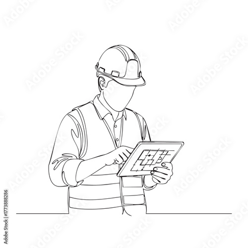 A continuous line art illustration depicts a construction professional in a hard hat and safety vest, diligently examining a digital blueprint on a tablet.