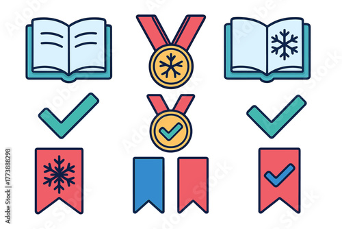 Winter achievement icons set featuring books, medals, checkmarks, and banner flags