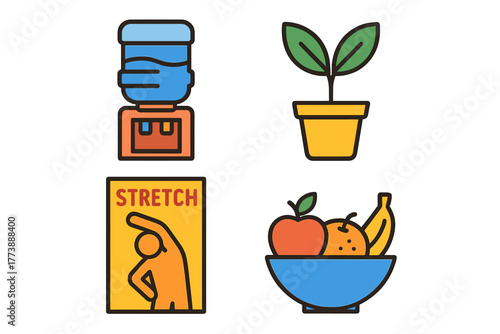 Icons representing healthy lifestyle elements: hydration, nature, exercise, and nutrition