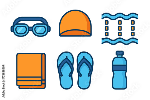 Swimming pool accessories line icons including goggles, swim cap, towel, and flip-flops