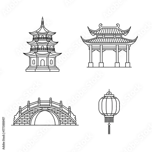 Chinese architecture line art: pagoda, pavilion, bridge, and lantern.