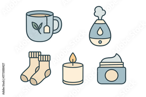 Cozy home essentials set including tea mug, socks, candle, diffuser, and moisturizing cream