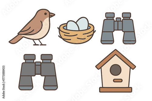 Essential items for birdwatching: small bird, nest, eggs, binoculars, and birdhouse