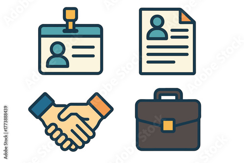 Professional business icons set with ID badge, resume, handshake, and briefcase symbols