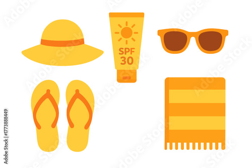 Set of essential summer vacation accessories including sun hat sunglasses sunscreen and beach towel