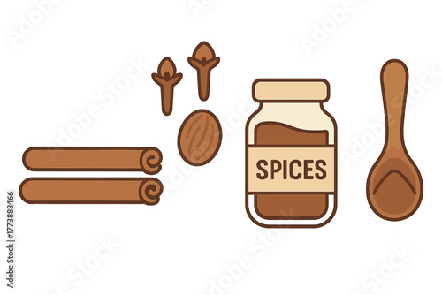 Aromatic cooking and baking spices set including cinnamon, cloves, and nutmeg with a jar and spoon
