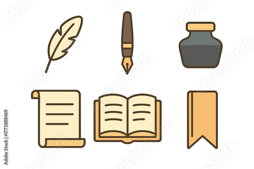 Set of symbols for writing, literature, and education including quill, inkwell, scroll, and book