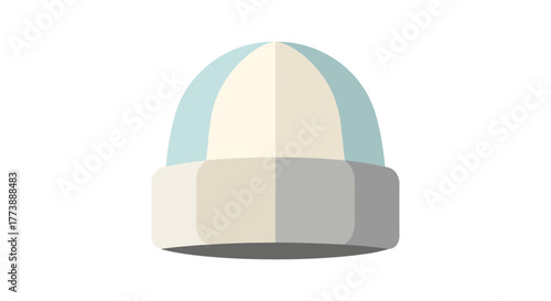 A clean flat vector mockup of a winter beanie hat in soft winter palette colors (light blue, ivory, grey, and pale beige), isolated on white background