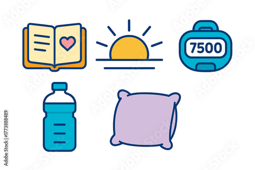 Daily wellness routine elements including reading, sunrise, pedometer, hydration, and sleep symbols