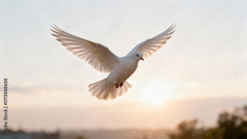 Fototapeta premium A single white dove flying with outstretched wings against a soft morning sky with sun rays. wildlife magazines, conservation campaigns, designed for nature documentaries and education.