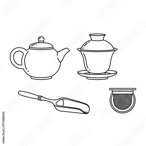 Tea set line art: teapot, gaiwan, scoop, and tea strainer.