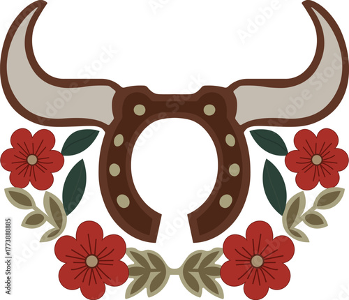 Rustic horseshoe and bull horns with floral decoration vector illustration, western boho country aesthetic design, vintage cowboy floral motif, wild west ranch style graphic art on white background