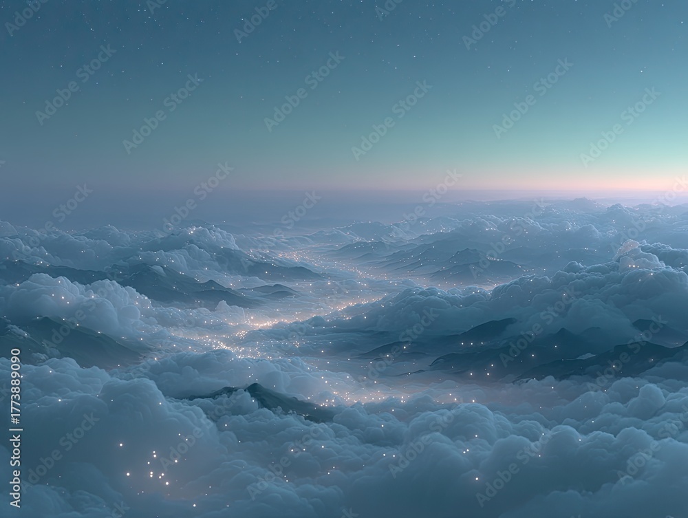 Fototapeta premium Ethereal fantasy landscape with glowing clouds and distant city lights at twilight with a starry sky above