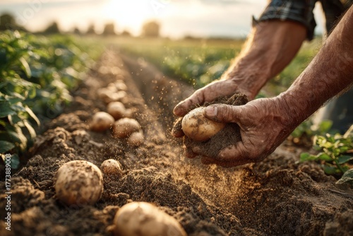 Close-up of farmer's hands holding freshly harvested potatoes in a field at sunset, showing the golden hour sunlight and rich soil of the agricultural land.