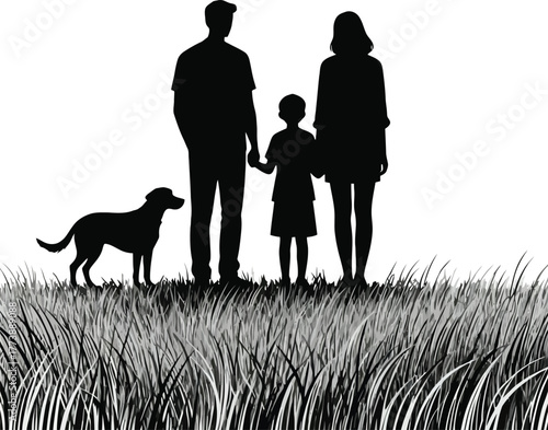Silhouette father mother two children and dog standing together in grass, loving family outdoors, minimalist black and white design