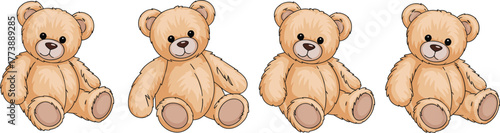 Cute teddy bears sitting, cartoon plush toys, brown stuffed animals, kids toy collection, cad drawing flat vector illustration