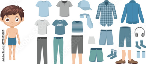 Cartoon boy in underwear, mix and match clothes, fashion outfit set, accessories, cad drawing flat vector illustration