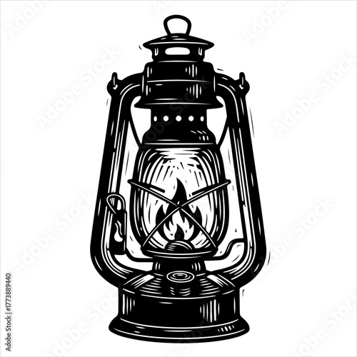 A vintage kerosene lantern with a burning flame, illustrated in a black and white woodcut or linocut style.