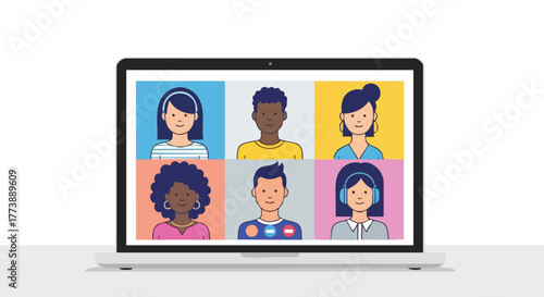 A laptop displays a video conference with six diverse people, illustrating remote work, online meetings, digital communication, and virtual collaboration in a modern, flat-design style.