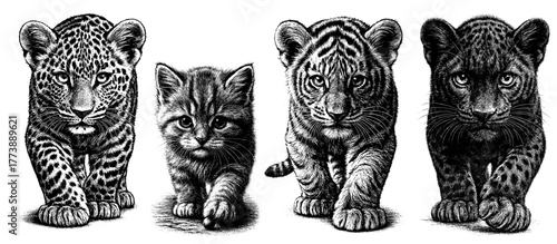 Black and white engraving of four walking cubs — leopard, kitten, tiger, and black panther — detailed etching style, isolated on transparent background.