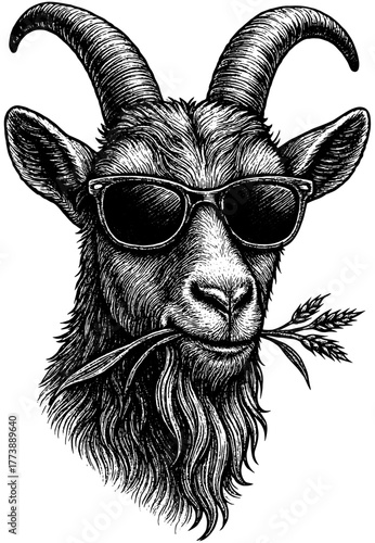 Black and white engraving of a cool goat wearing sunglasses and chewing grass, detailed etching linework, humorous vintage animal portrait, isolated on transparent background.