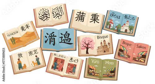 A colorful illustration showcases various open books with different languages and illustrations, representing diverse cultures and the joy of reading and learning across the globe.