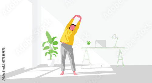 An illustration depicts a person stretching in a bright, modern interior with a desk, laptop, and plant, promoting wellness and a healthy lifestyle indoors with natural light.