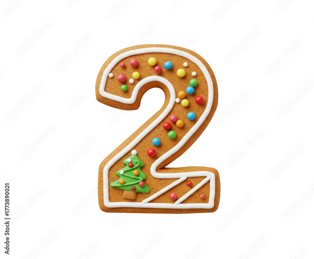Naklejka premium Decorated gingerbread cookie shaped like number two png isolated on transparent background