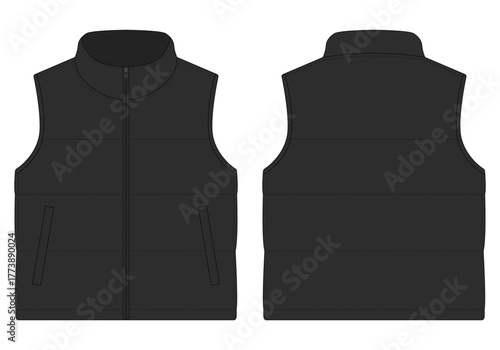 Black puffer vest template front and back view