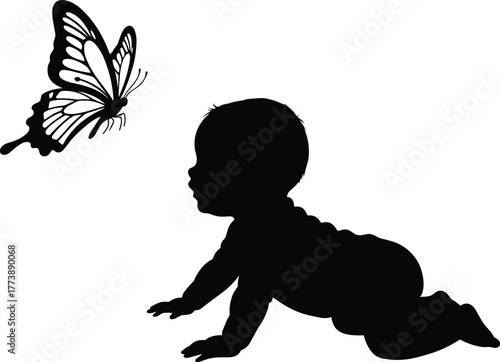 Silhouette of baby crawling and watching butterfly, innocence and curiosity, childhood moment, nature interaction, adorable baby exploration concept illustration