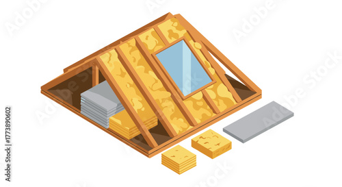 Isometric attic insulation with wooden beams and reflective window