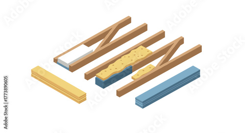 Isometric timber construction materials for modern architecture and design projects