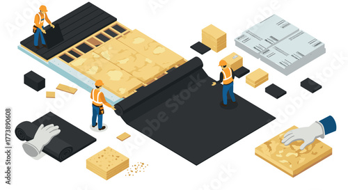 Isometric construction workers installing roof insulation with various materials and tools