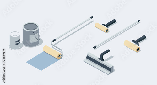 Painting tools set isometric design with paint rollers and cans on light background