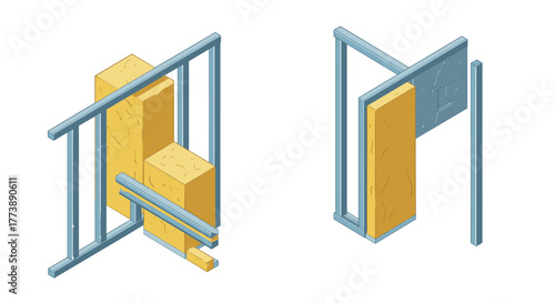 Isometric wall construction stages with metal framing and insulation panels