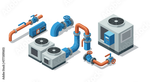 Isometric industrial hvac system with pipes and air conditioning units