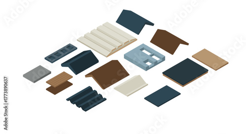 Isometric roof elements collection in various colors and styles