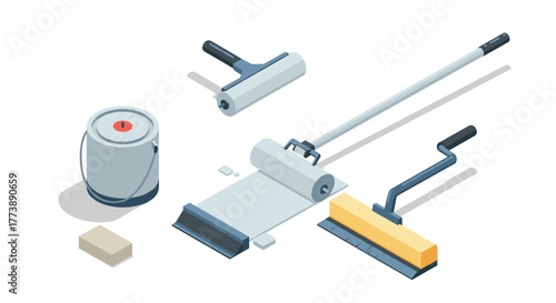 Isometric painting and decorating tools set on white background