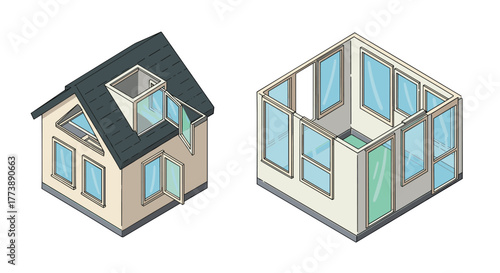 Isometric house and room concept with open windows and skylights