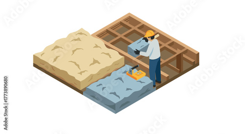 Isometric construction worker installing insulation panels on roof framework