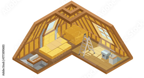 Isometric attic insulation sustainable home renovation with energy efficiency focus