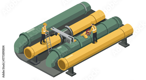 Isometric industrial pipes with engineers in hard hats inspecting valves
