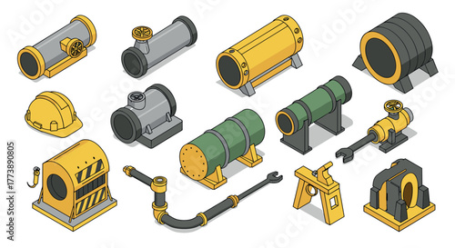 Industrial equipment set in isometric style with pipes and machine parts
