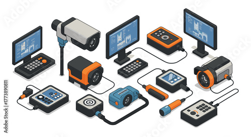 Modern isometric electronic devices with cables and interfaces for security and monitoring