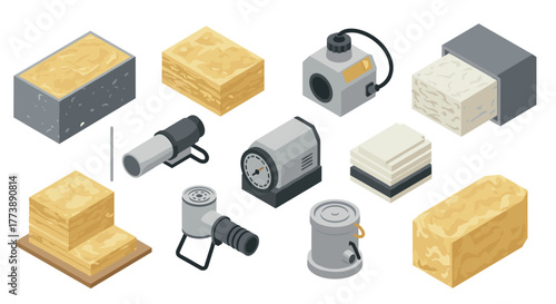 Isometric hvac insulation tools and materials set for construction and repair